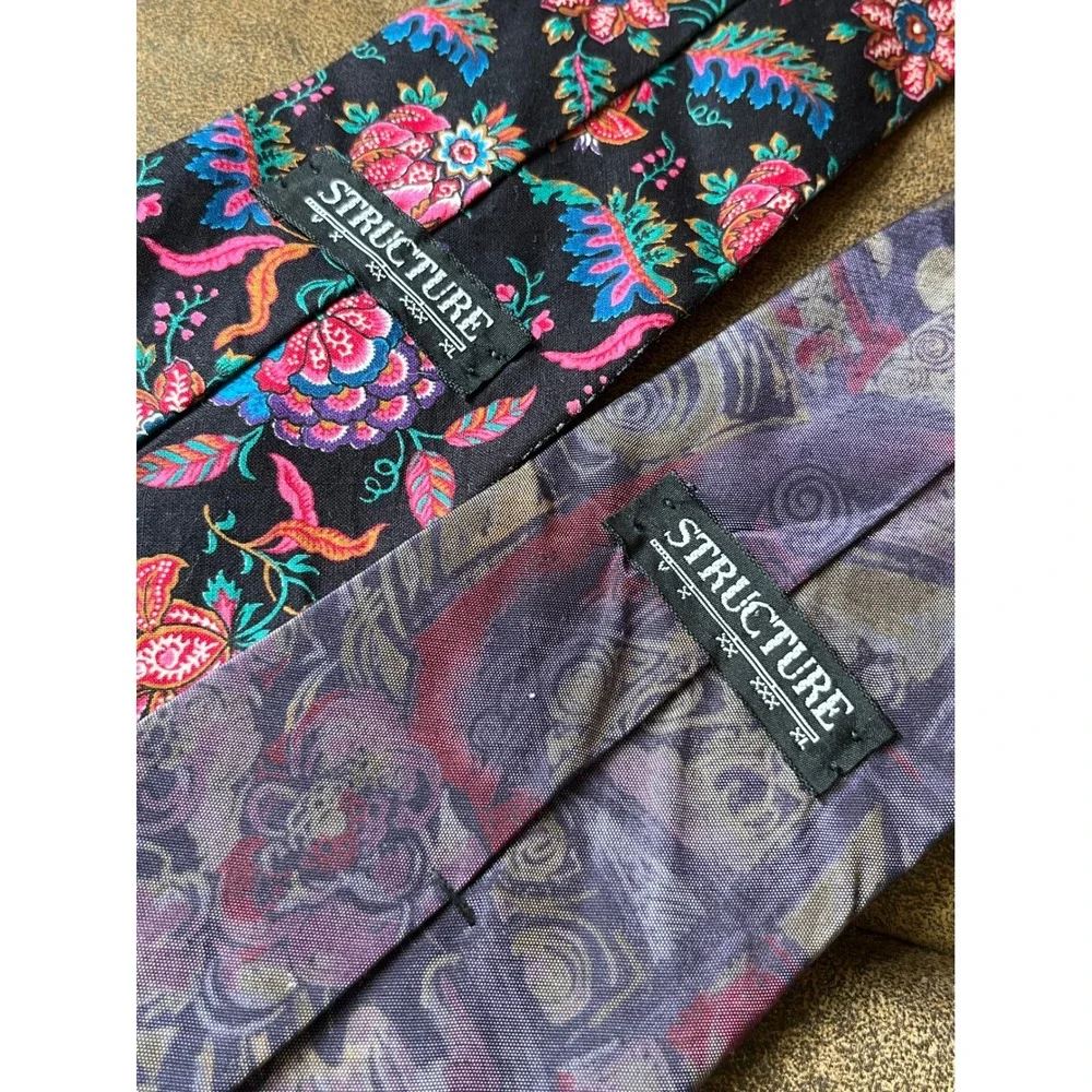 VTG LOT OF 2, Men's Neck Tie STRUCTURE BRAND Silk & Rayon FLORAL & ABSTRACT